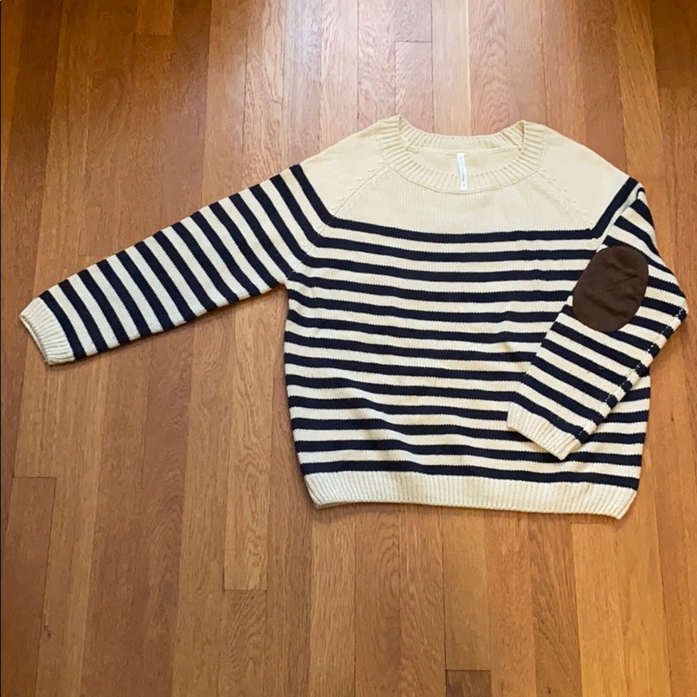 Classic Striped Boatneck Sweater - Size Small - Navy & White - Suede Elbow Patch
